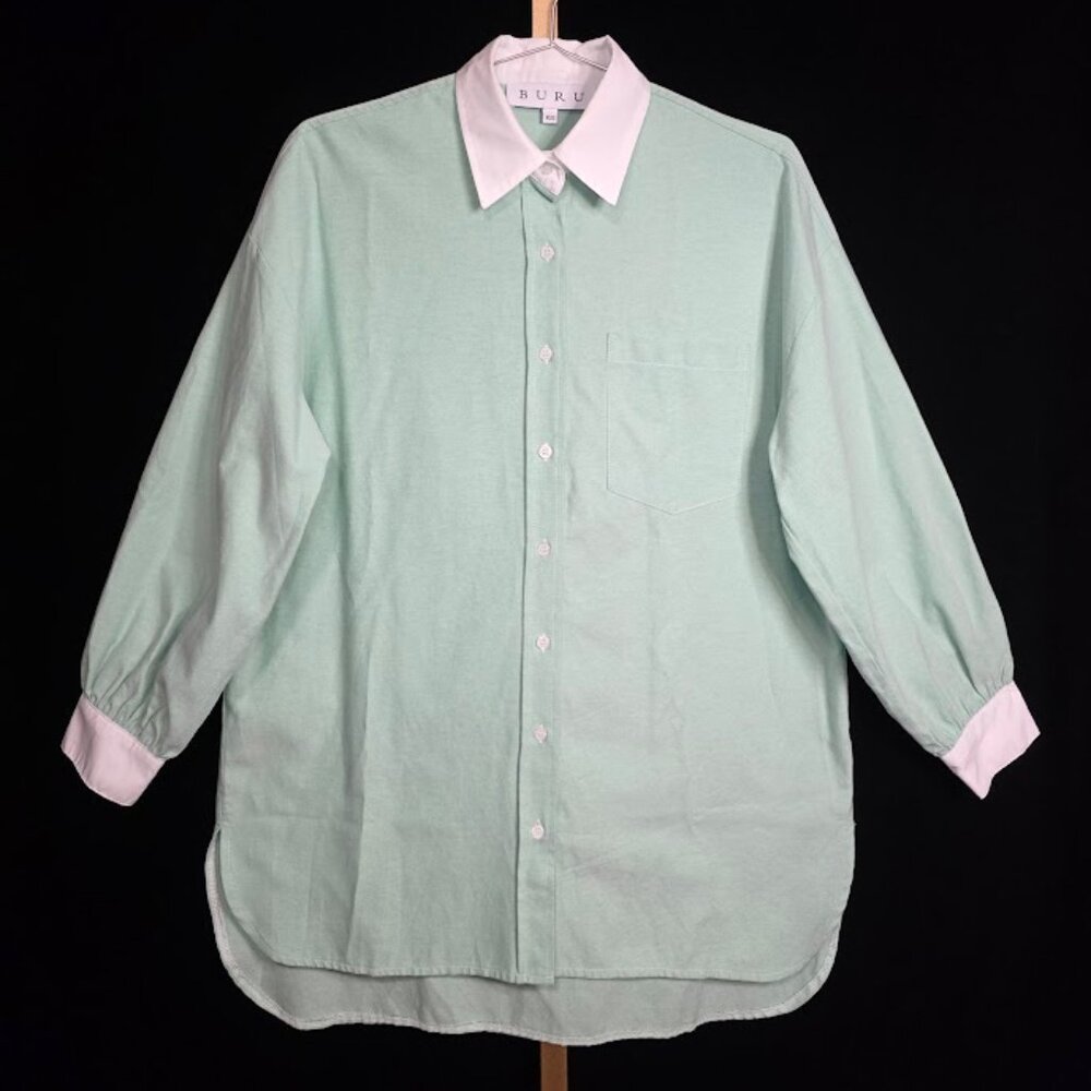 Buru Oxford Chambray Button Up Mint/White Long Sleeve Blouse S